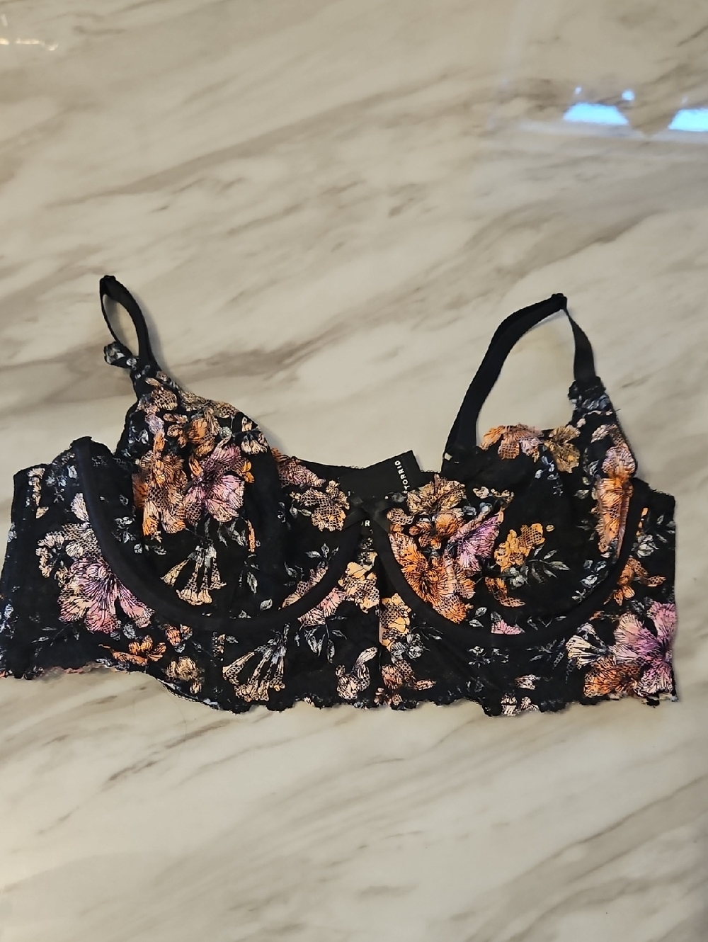 Torrid Size 1 Black Floral Lace Underwire Bra with Pink & Gold Accents